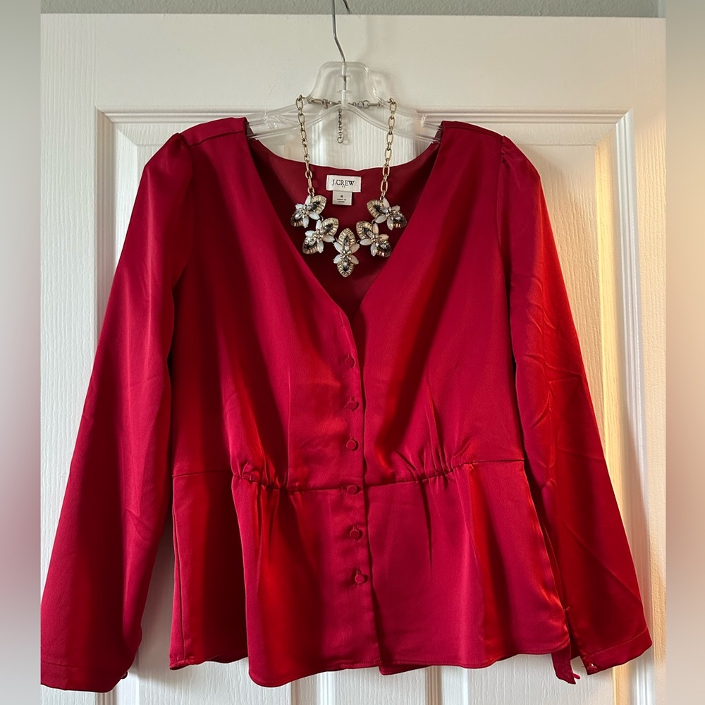 JCREW red button-up v-neck long sleeve blouse